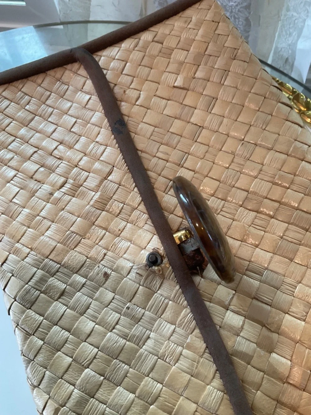 Lovely Old Lauhala Clutch With Acrylic Faux Tortoise Shell Button